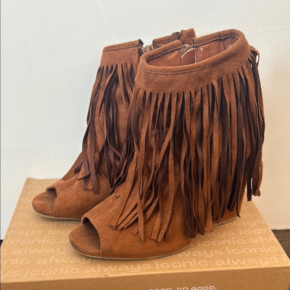 Fringe Peep-Toe Ankle Boots - Brown
